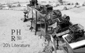 Antique keyboards lined up on desks on a beach. Text: PHR: 20's Literature