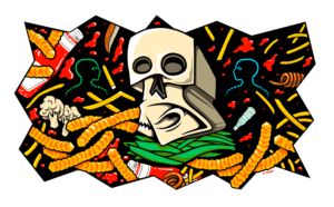 Digital art depicting a skull surrounded by colorful paraphernalia