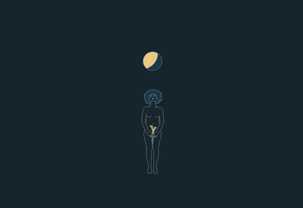 Blue woman holding yellow lilies looks up at a yellow-blue moon with a blue background.
